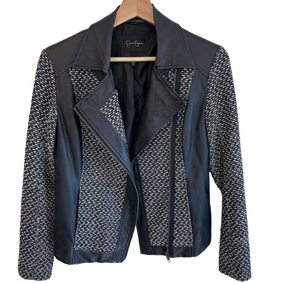 Jessica Simpson Wool Blend Tweed Vegan Leather Jacket - Picture 5 of 10